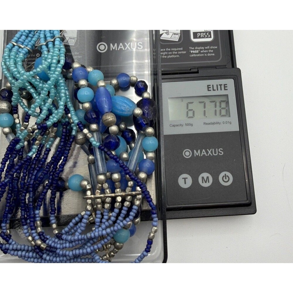 Multi Strand Blue Beaded Necklace Boho Statement Layered Glass Seed Beads - Picture 7 of 7